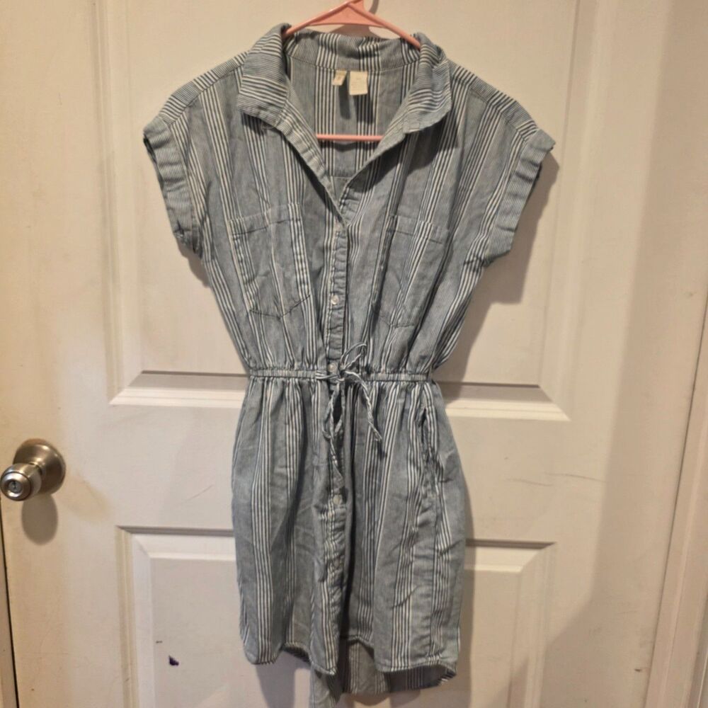 Japna Blue White Striped Shirt Dress Women's XS 100% Cotton Drawstring Waist